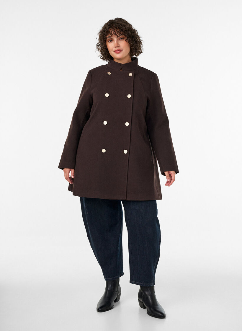 A-line coat with gold buttons, Brown, Model image number 1