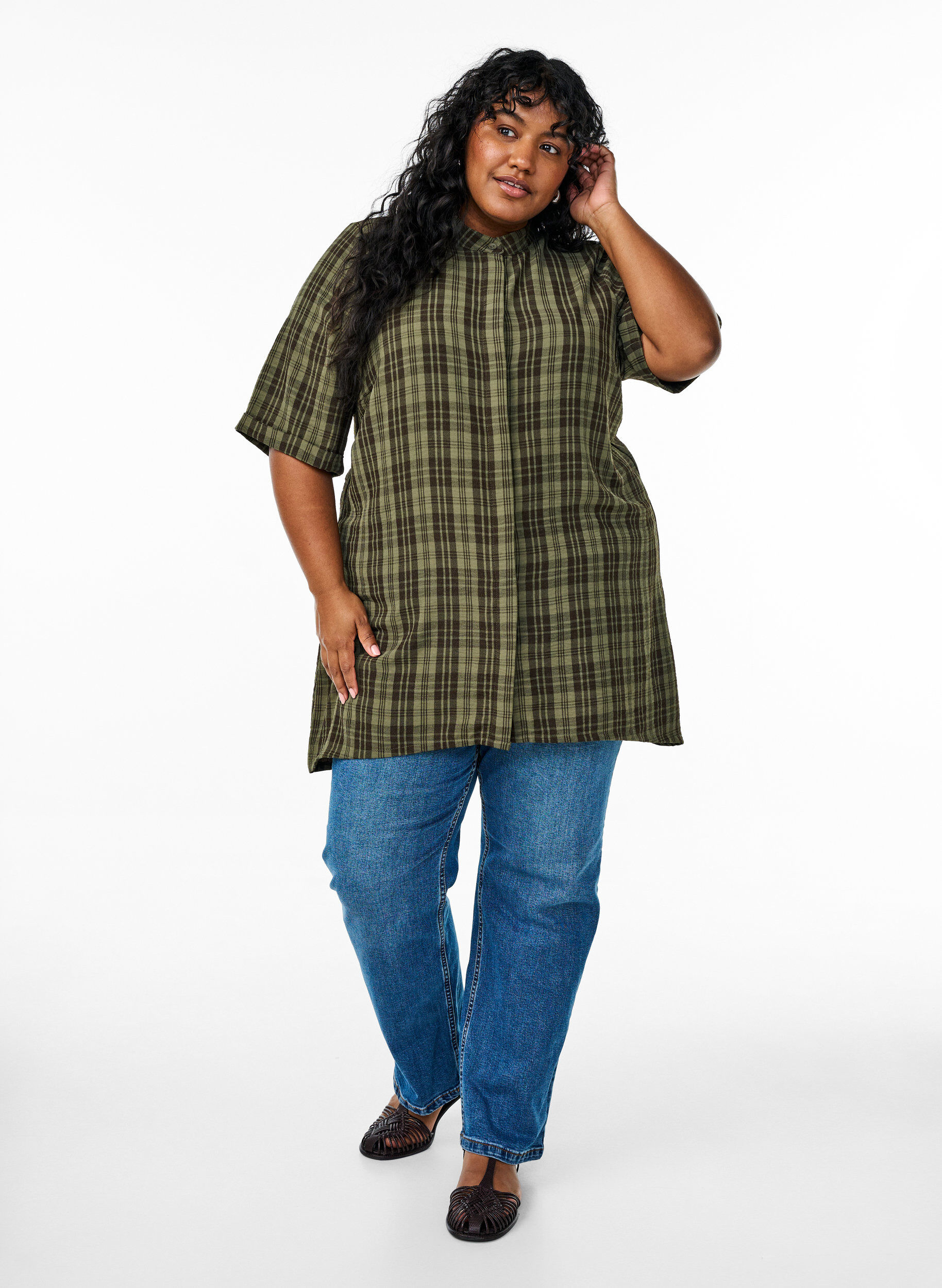 Zizzifashion Tunic with short sleeves and checkered pattern, Green, Model image number 1