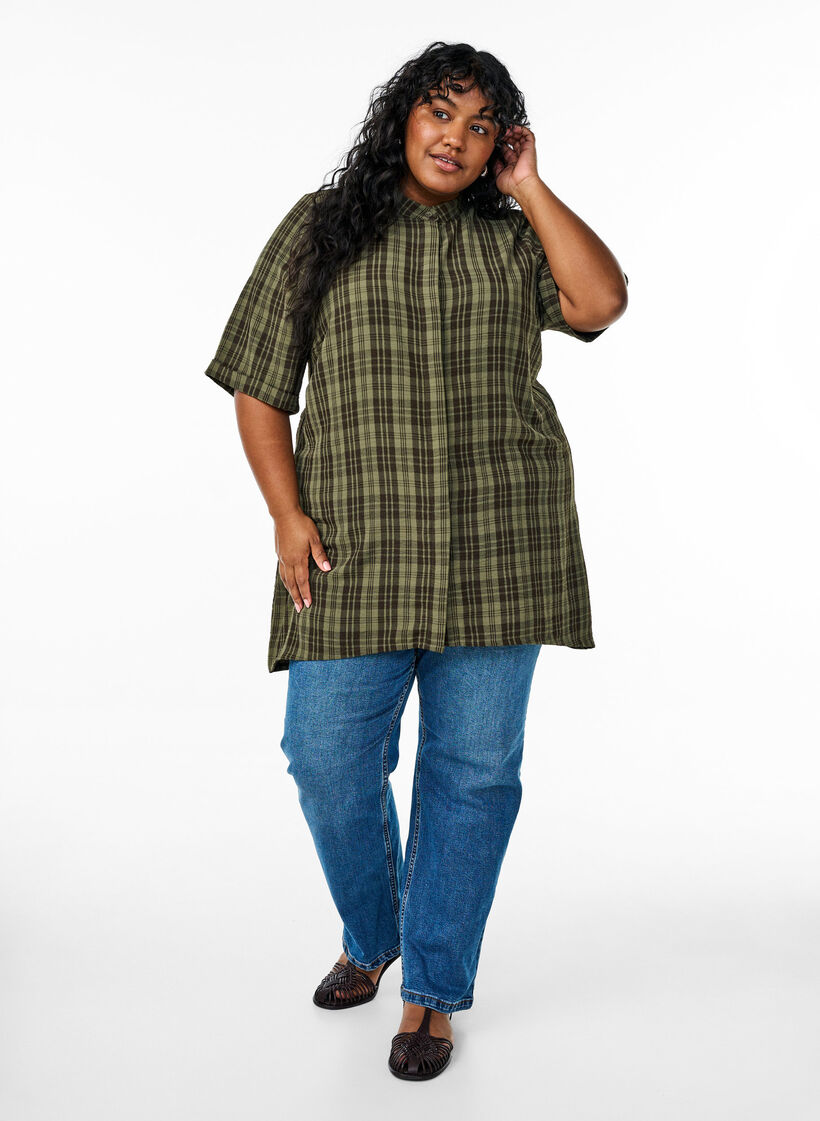 Tunic with short sleeves and checkered pattern, Green, Model image number 1