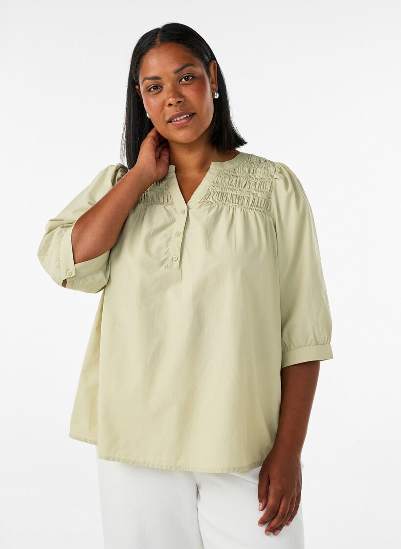 Blouse with smock and 3/4 sleeves, Green, Model image number 0