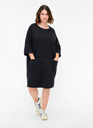 Cotton sweat dress with 3/4 sleeves and pockets, Black, Model image number 2