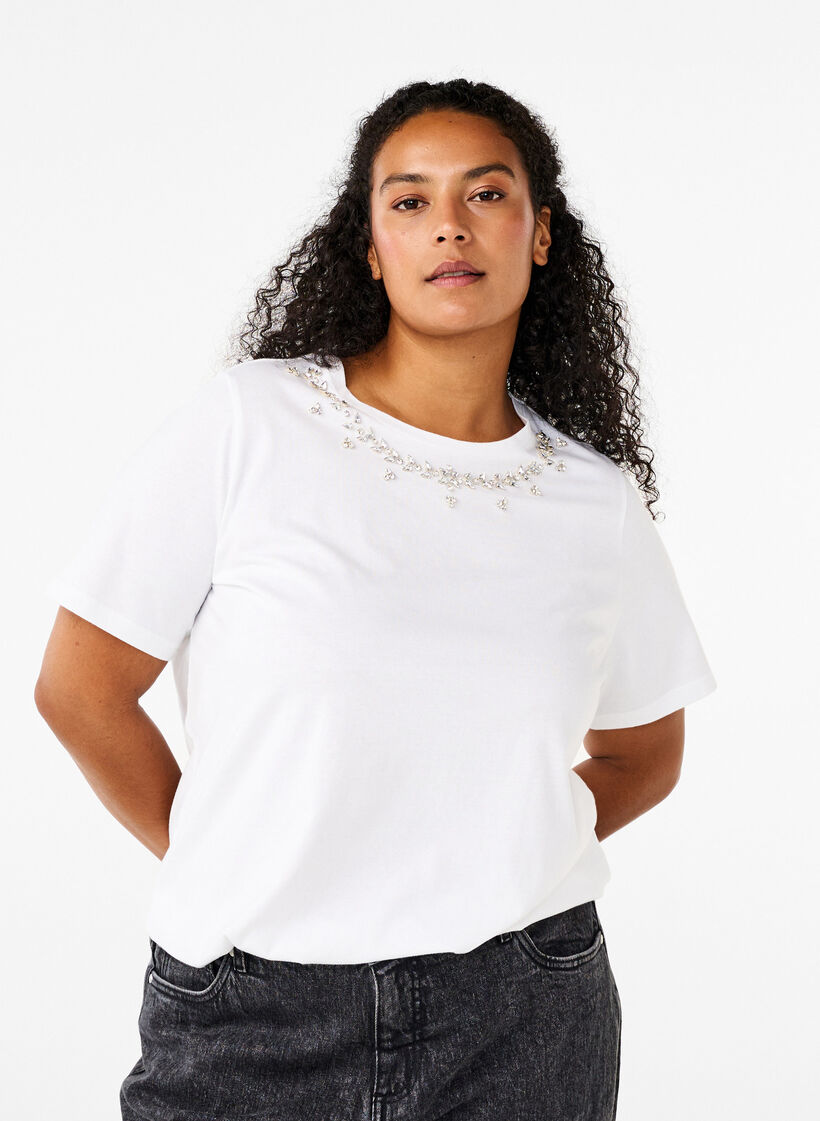 T-shirt with round neck and rhinestones, Bright White, Model image number 0