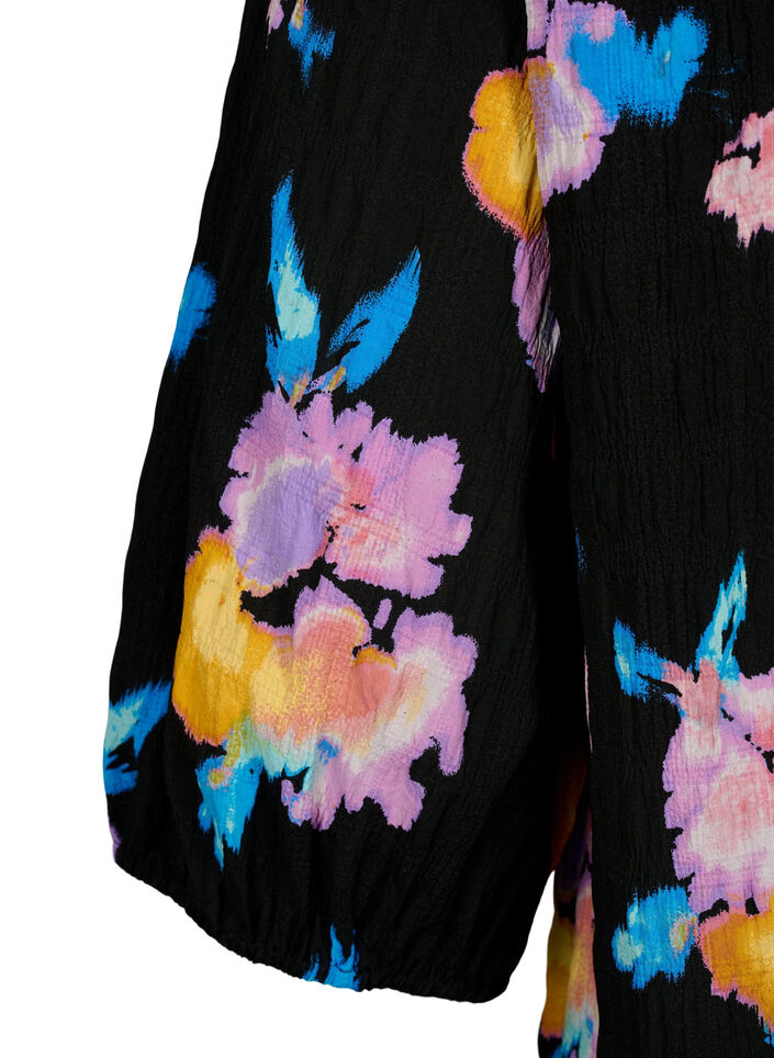 Floral blouse with round neck and zip, Black, Packshot image number 3