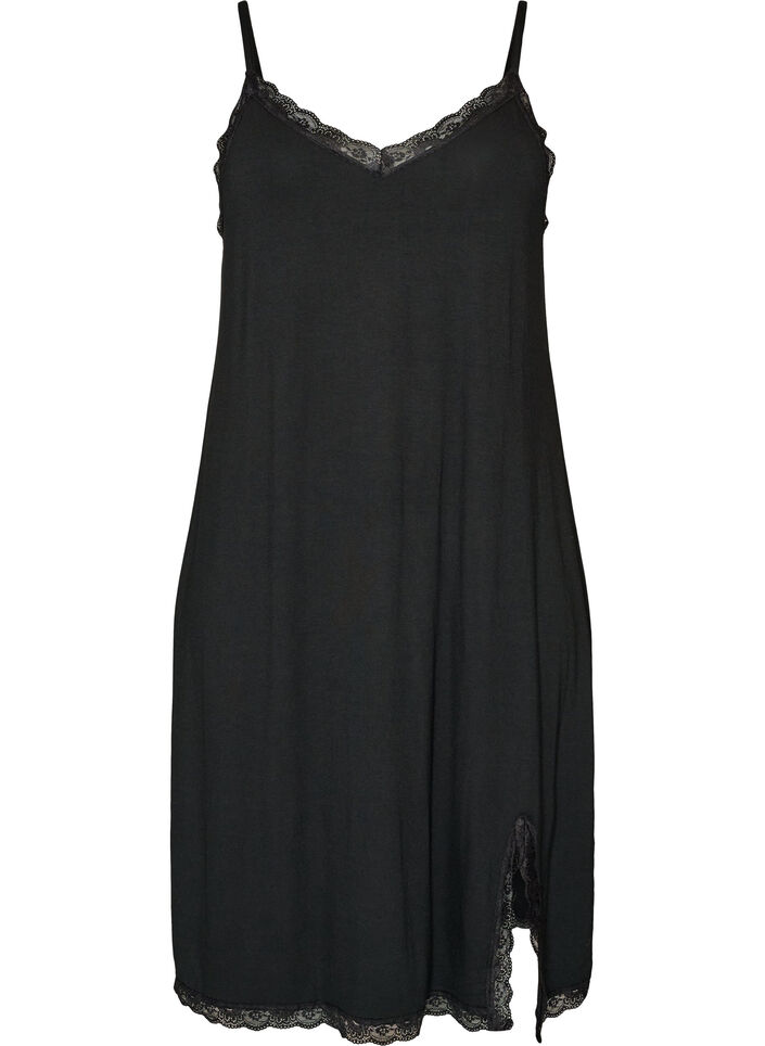 Viscose nightgown with lace and slits, Black, Packshot image number 0