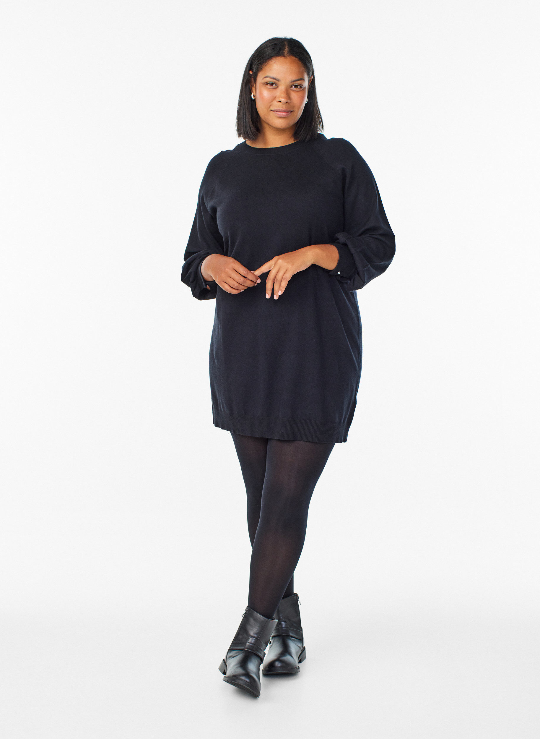 Zizzifashion Short knitted dress with raglan sleeves, Black, Model image number 1