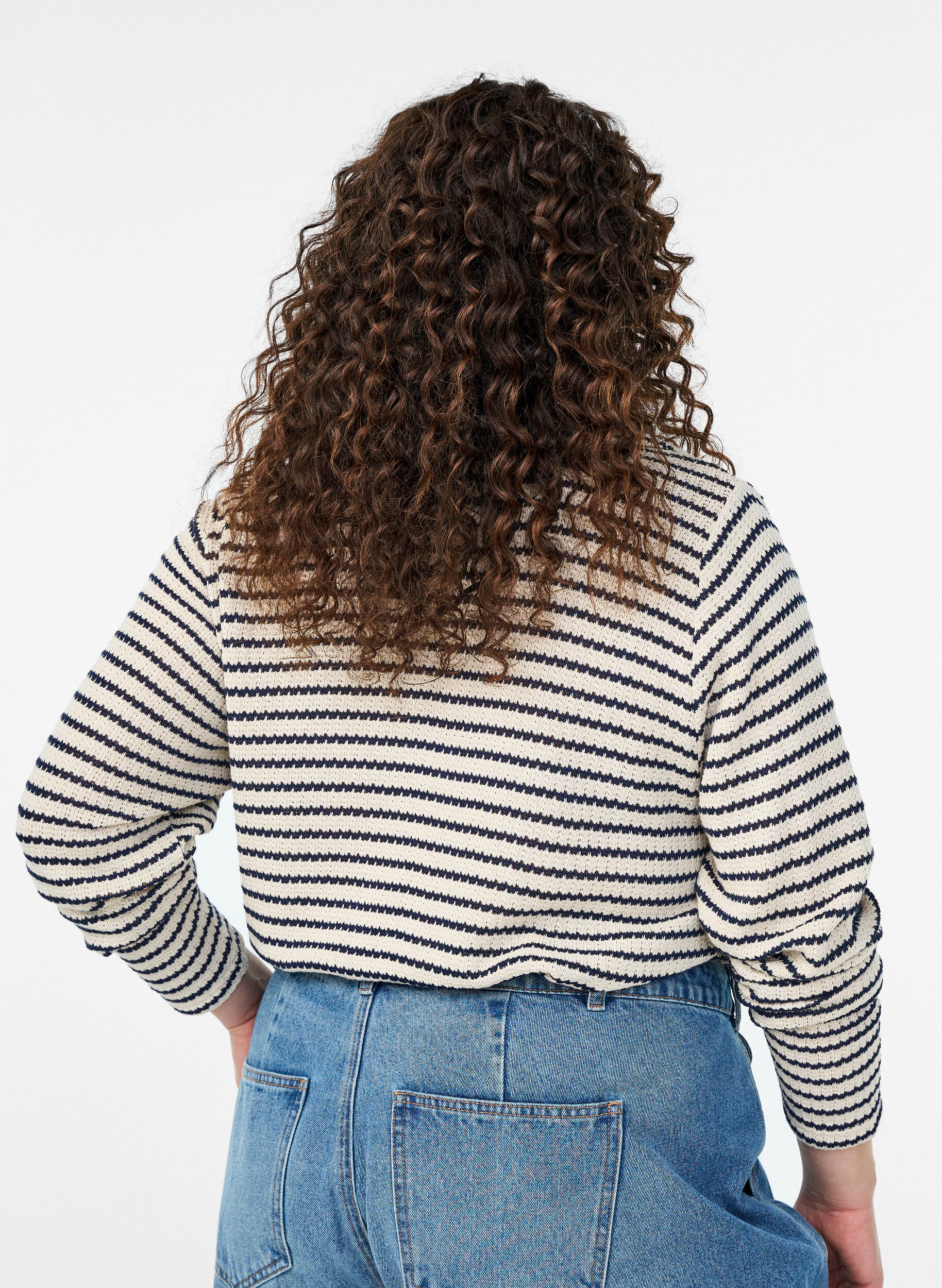 Zizzifashion Striped jersey blouse with a collar and V-neck, Beige, Model image number 2