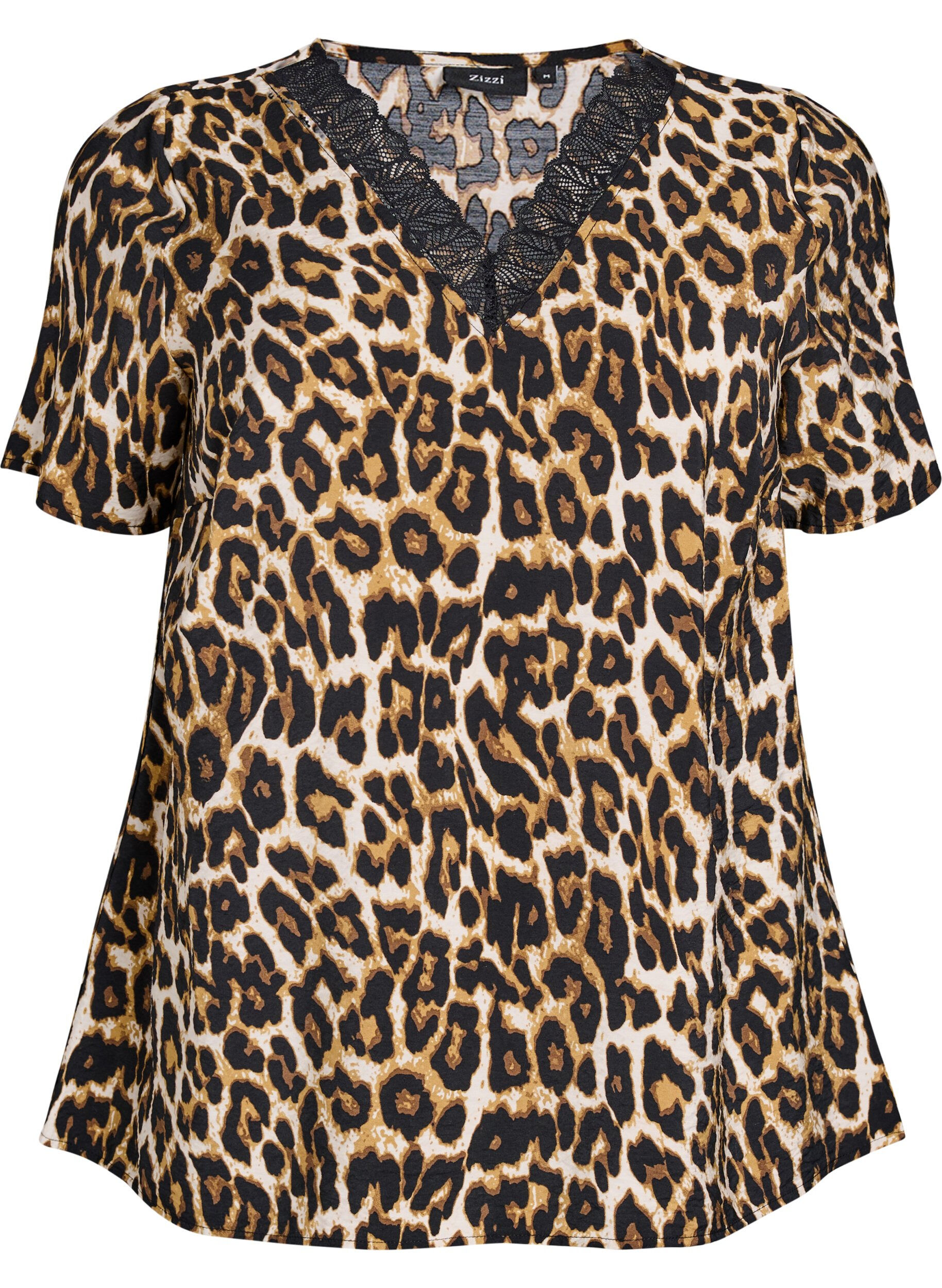 Short-sleeved viscose blouse with lace trim