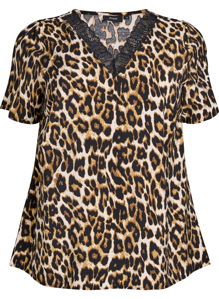 Short-sleeved viscose blouse with lace trim, Brown, Packshot image number 0