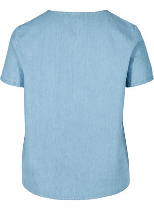 Short-sleeved blouse with embroidery, Light blue denim ASS, Packshot image number 1