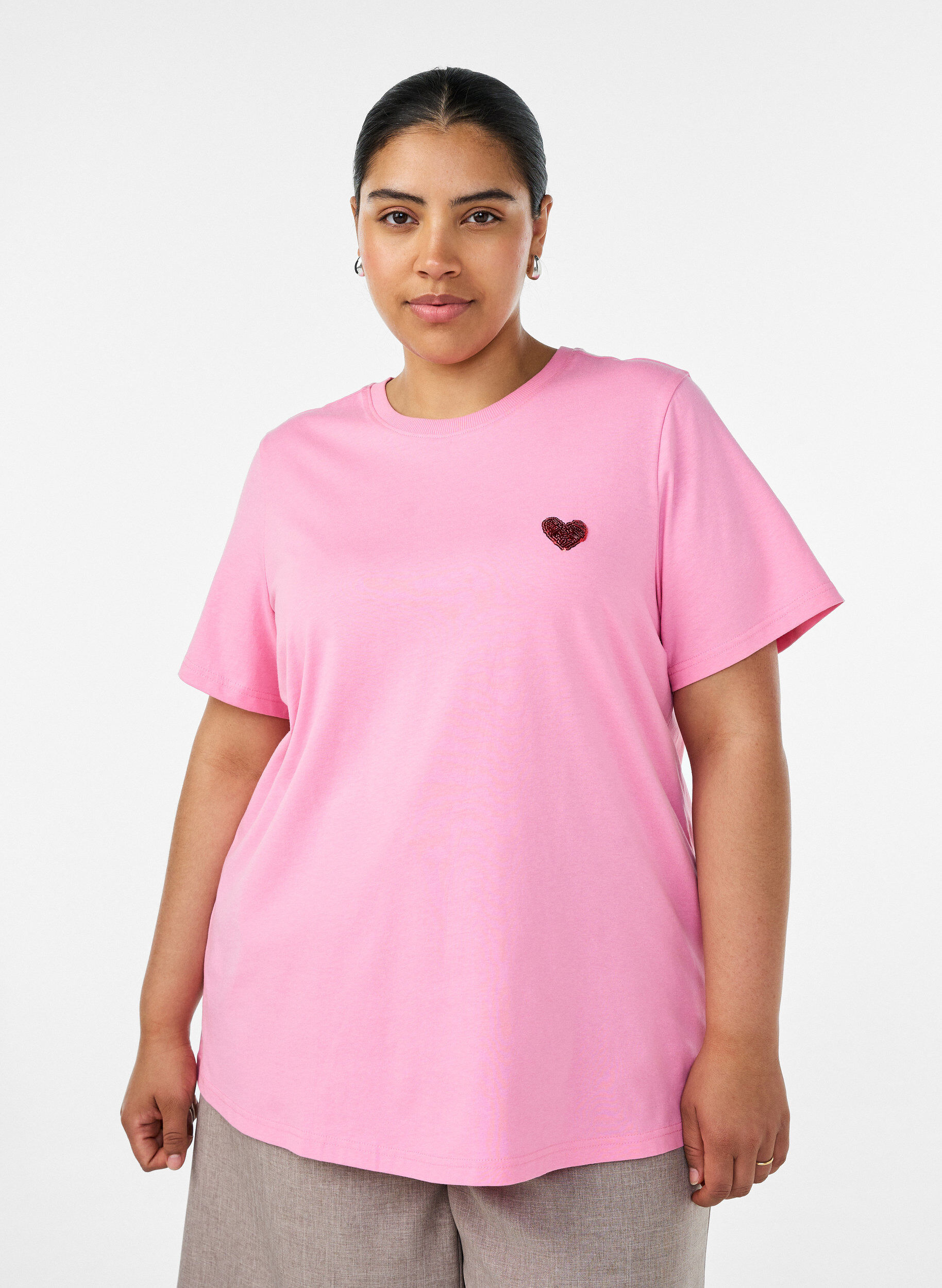 Zizzifashion T-shirt with a sequin heart and colourful back print, Pink, Model image number 0