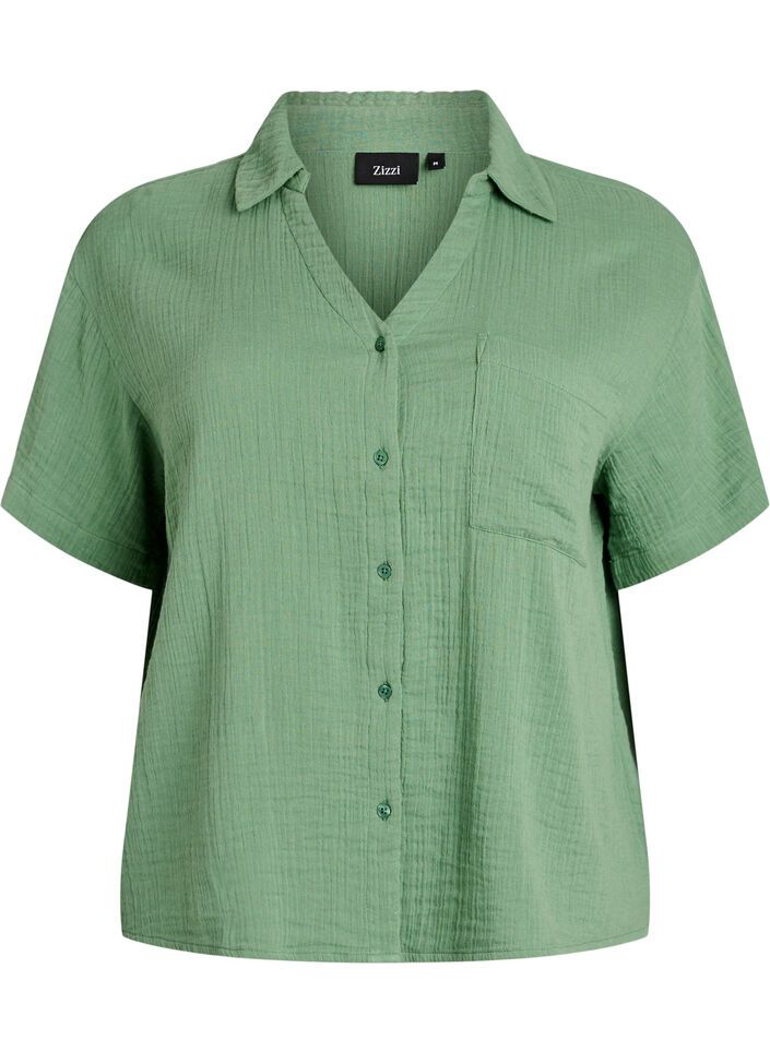 Cotton muslin blouse with short sleeves, Green, Packshot image number 0