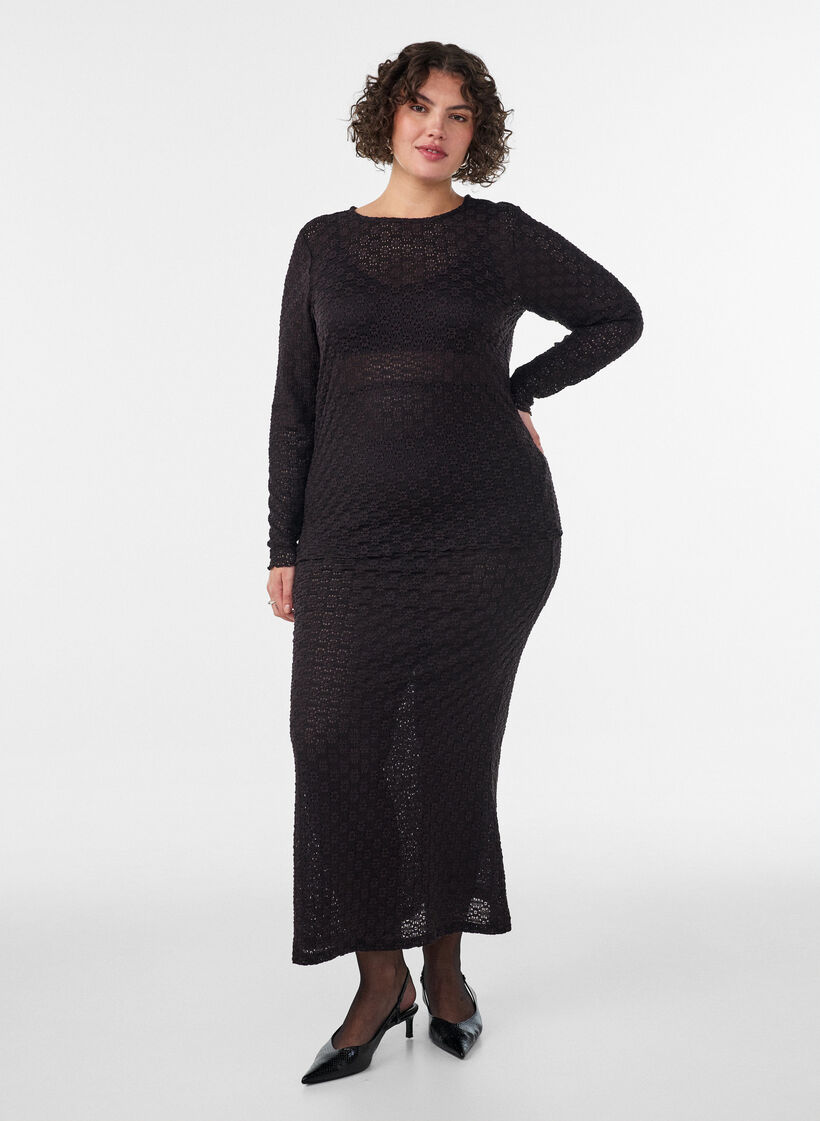 Blouse with eyelet pattern and long sleeves, Black, Model image number 1