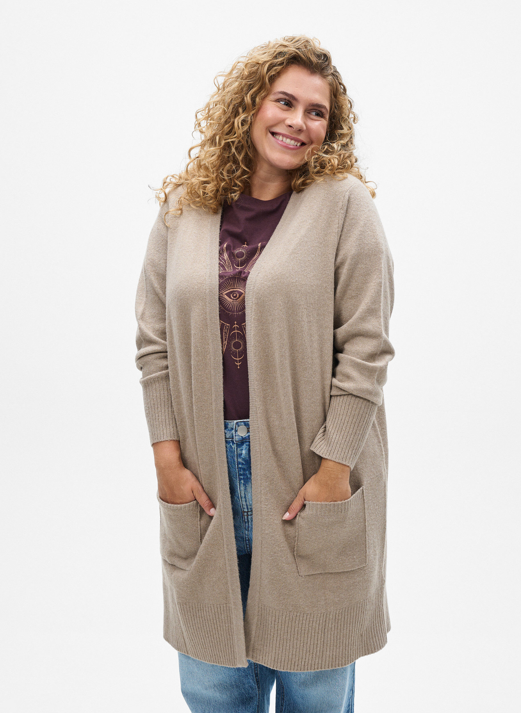 Zizzifashion Ribbed Knit Cardigan with Pockets, Beige, Model image number 0