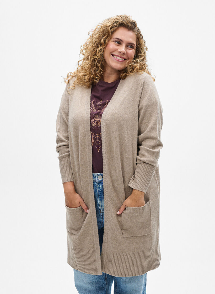 Ribbed Knit Cardigan with Pockets, Beige, Model image number 0