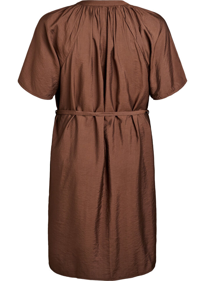 Knee-length dress with short sleeves and tie belt, Brown, Packshot image number 1