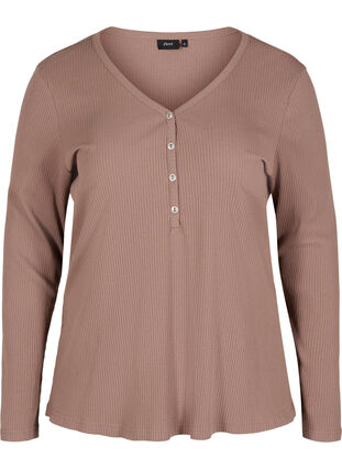 Long sleeve ribbed blouse with button detailing, Deep Taupe, Packshot image number 0
