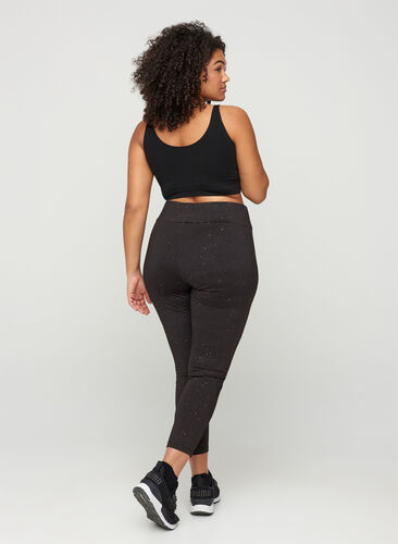 Cropped sports leggings with print and mesh, Black, Model image number 1