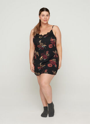 Nightdress with lace and thin straps, BLACK AOP FLOWER, Model image number 2