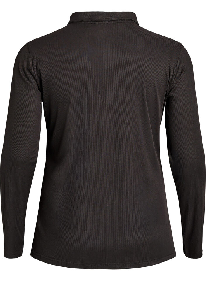 Polo shirt in soft rib with long sleeves, Black, Packshot image number 1