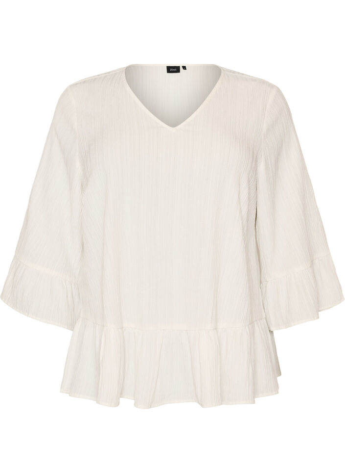 Blouse with texture, V-neck and ruffles, Vanilla, Packshot image number 0
