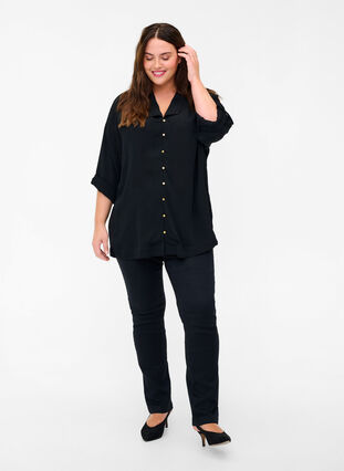 Viscose shirt with 3/4 sleeves, Black, Model image number 2