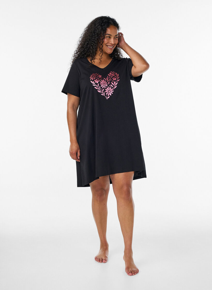 Organic cotton nightdress with V-neck, Black, Model image number 1