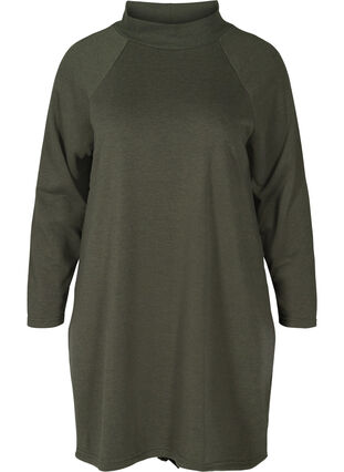 Sweater dress with a high neck and tie detail, Ivy Green Melange, Packshot image number 0