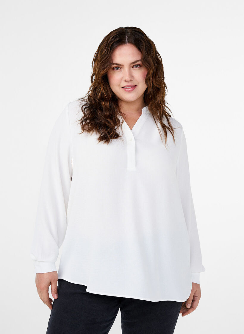 Long-sleeved shirt blouse with V-neck, Bright White, Model image number 0