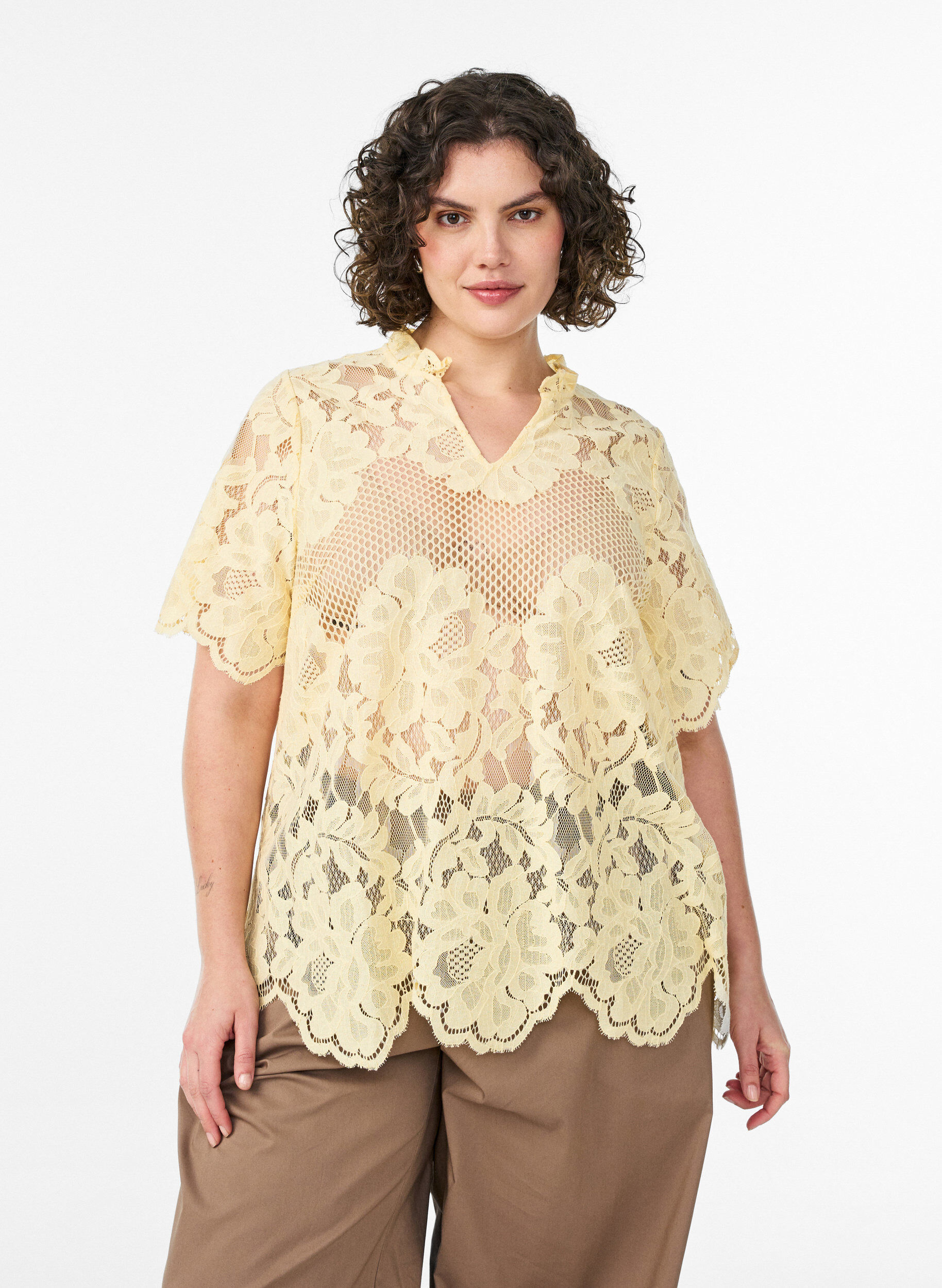 Zizzifashion Lace blouse with ruffle collar and short sleeves, Yellow, Model image number 0