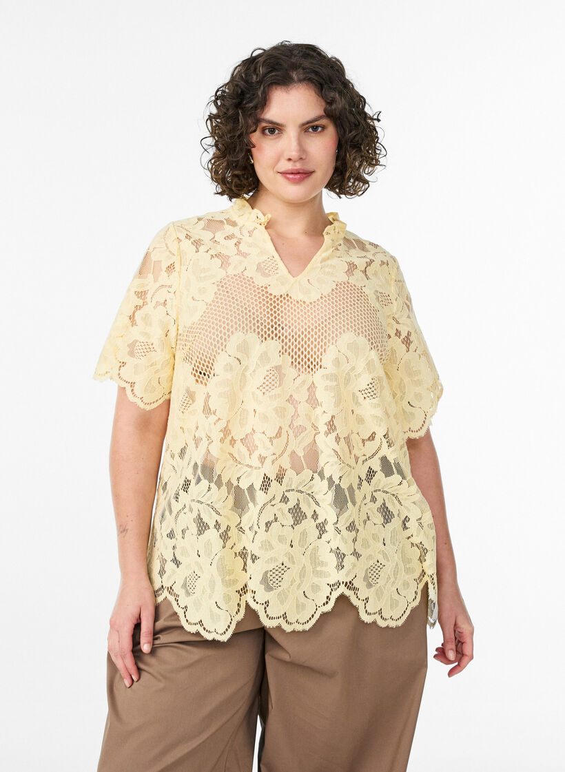 Lace blouse with ruffle collar and short sleeves, Yellow, Model image number 0