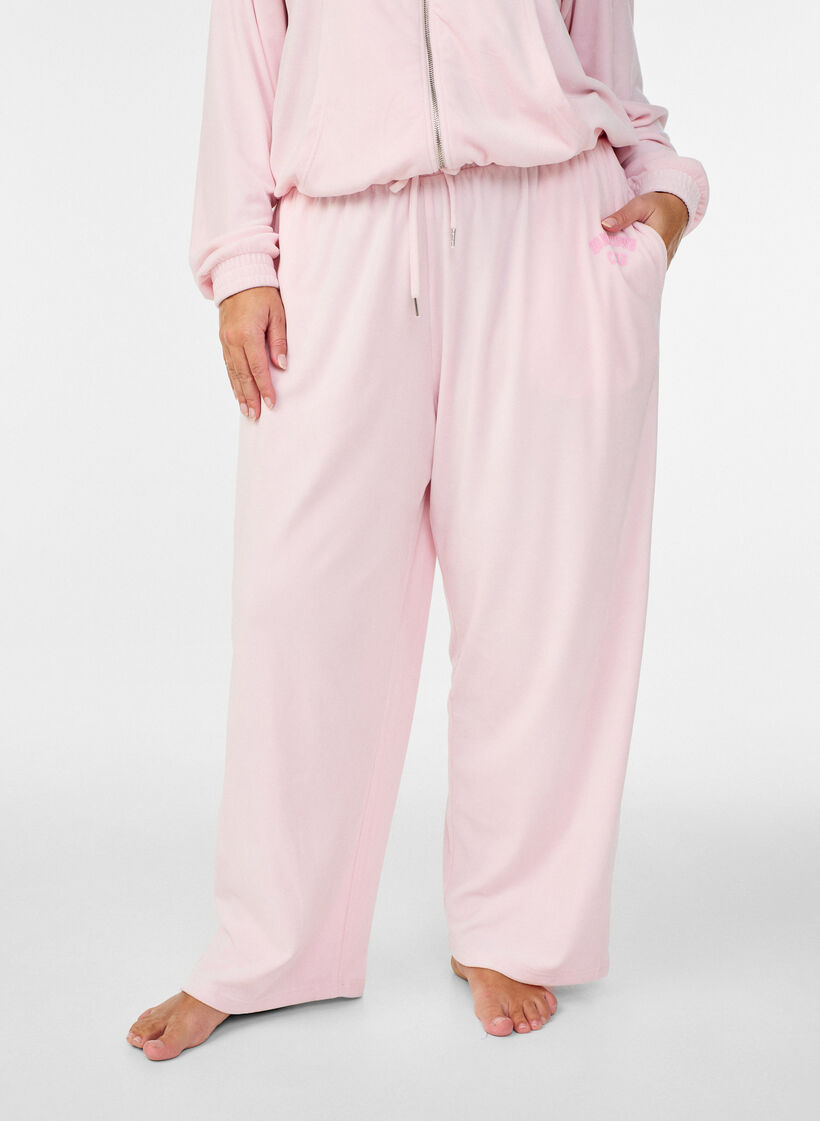 Loose velour trousers with a high waist and pockets, Rose, Model image number 1