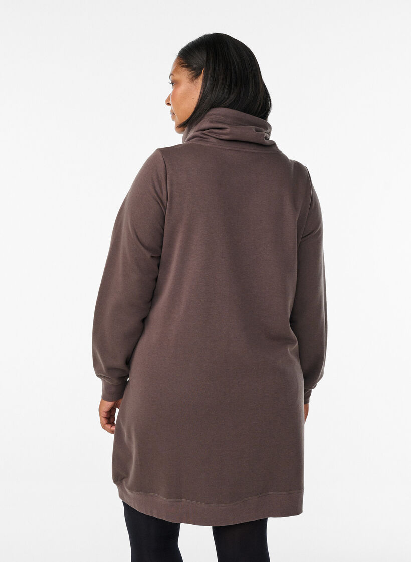 Short sweatshirt dress with high collar and pockets, Brown, Model image number 2