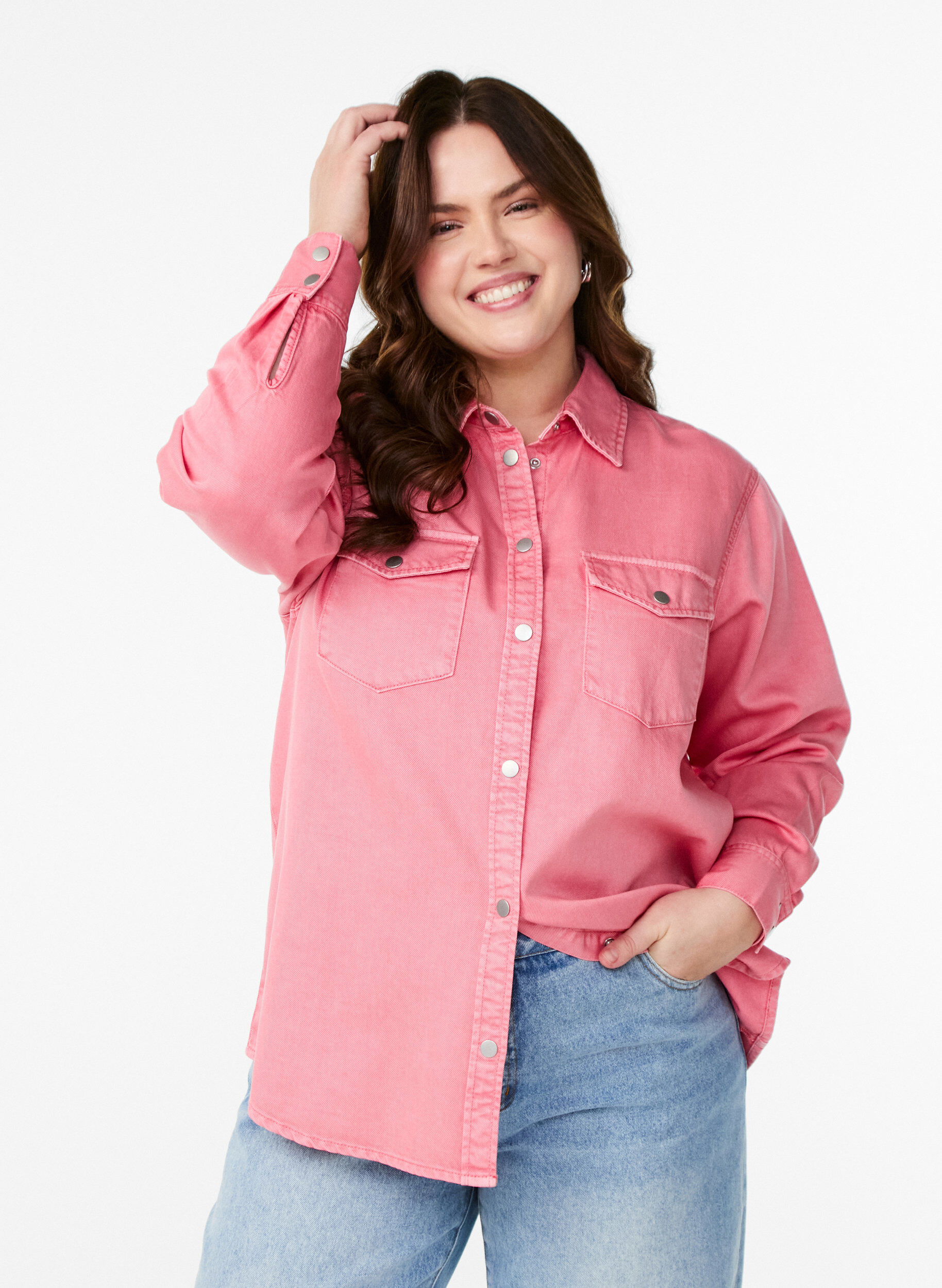 Zizzifashion Denim shirt with chest pockets, Rose, Model image number 0