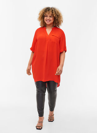 Viscose tunic with short sleeves, Fiery Red, Model image number 2