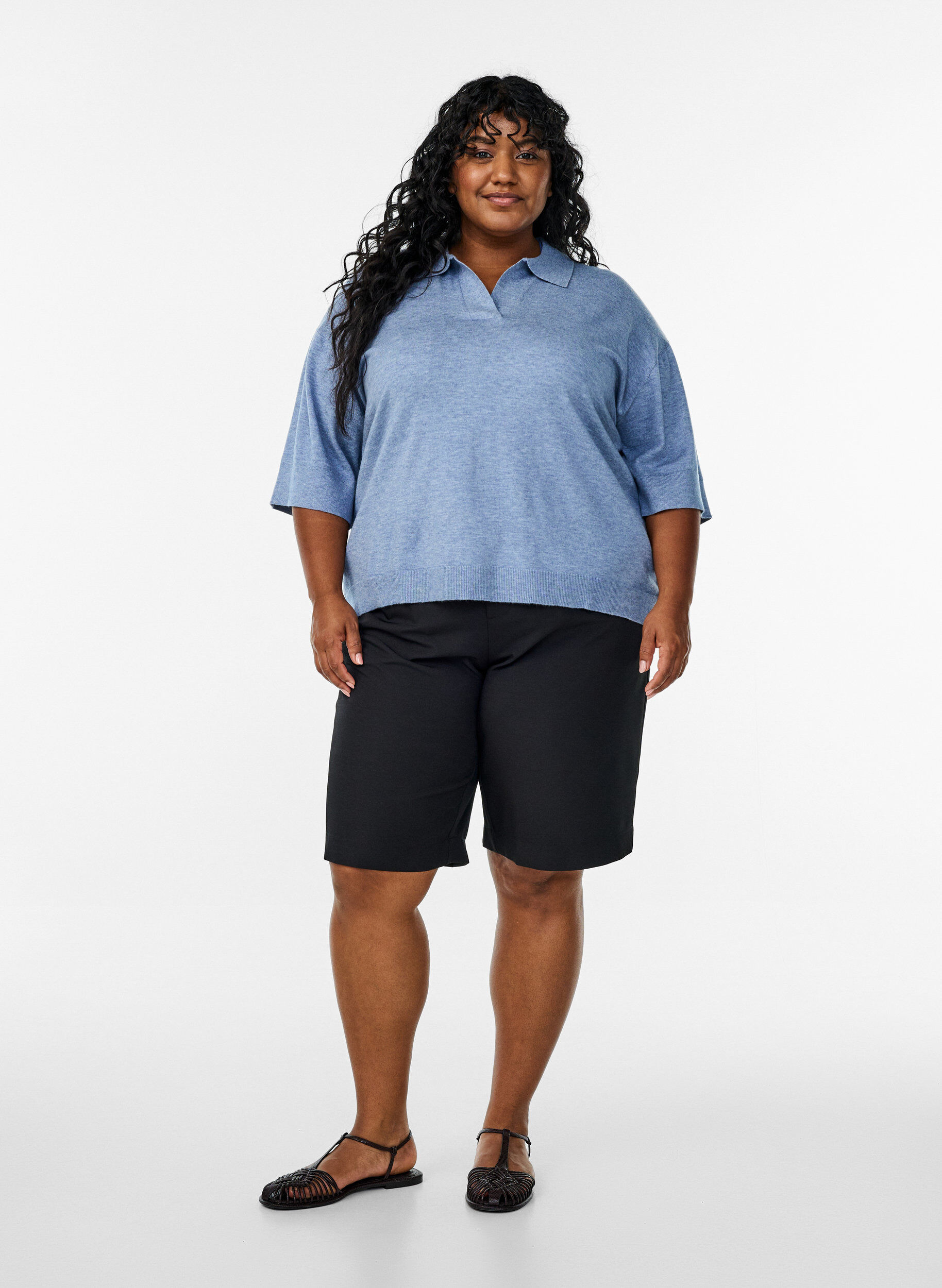 Zizzifashion Knitted blouse with a collar and short sleeves, Blue, Model image number 1