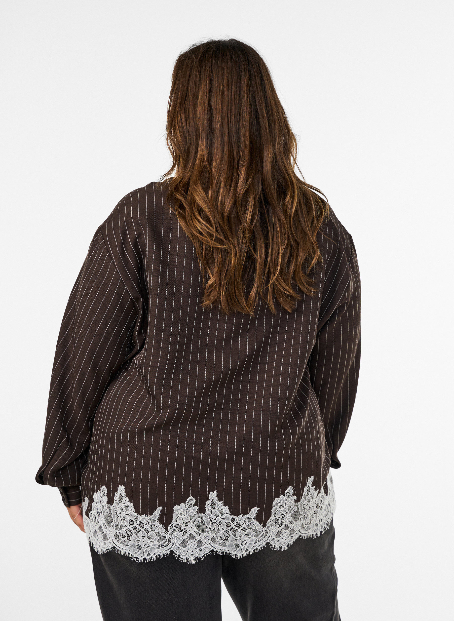 ZizzifashionPinstripe shirt with lace trim, Brown, Model image number 2