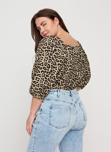 Cotton blouse with leopard print, Oyster Grey AOP, Model image number 1