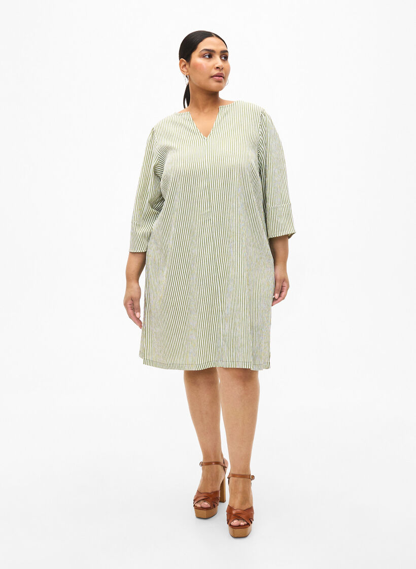 Striped dress with 3/4 sleeves, Green Stripe, Model image number 2