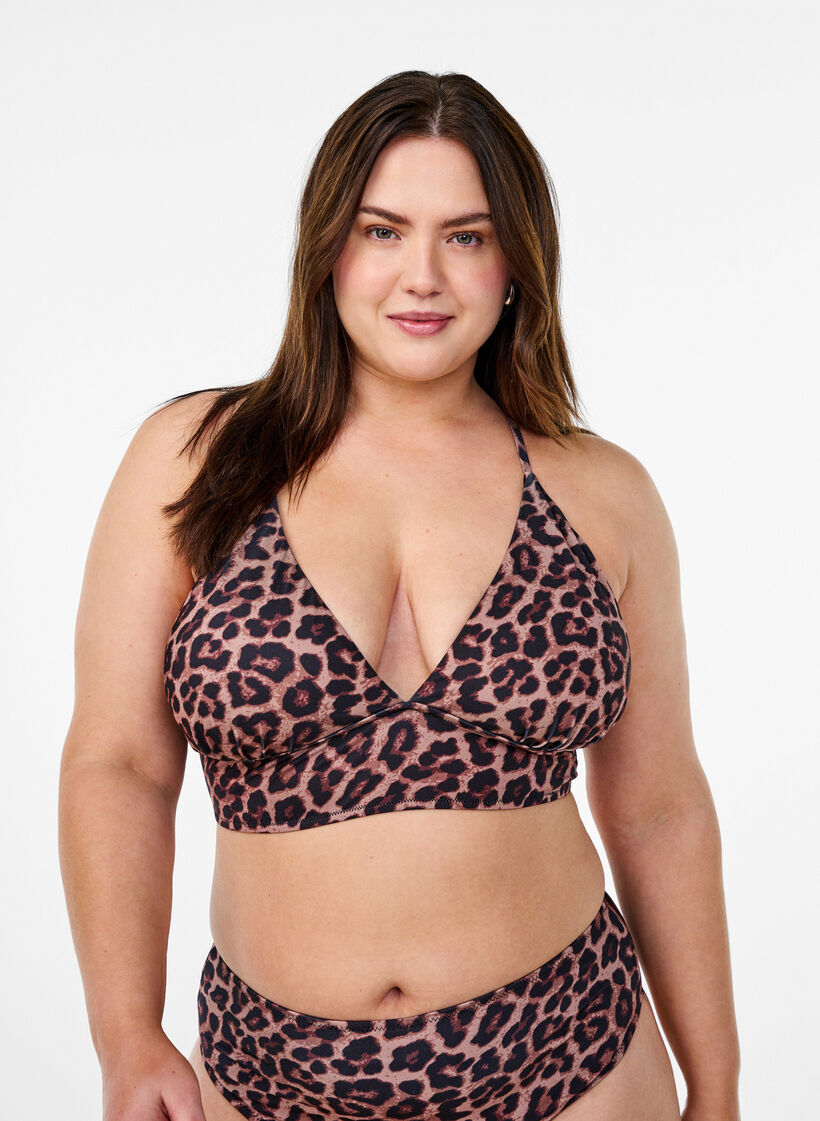 Leopard bikini top with tie back, Brown, Model image number 0