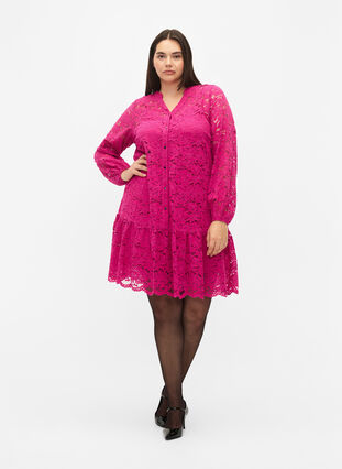 Lace dress with buttons and a-shape, Festival Fuchsia, Model image number 2