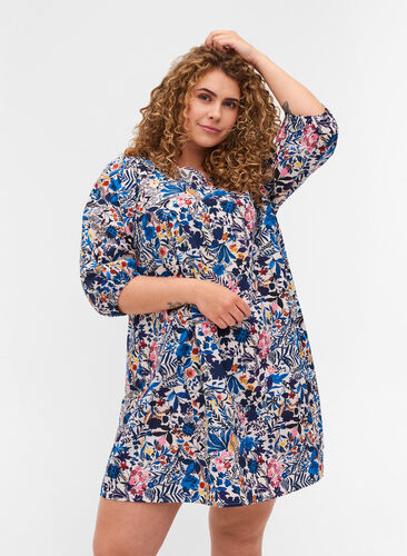 Floral tunic in cotton with an A-line, Flower Aop, Model image number 0