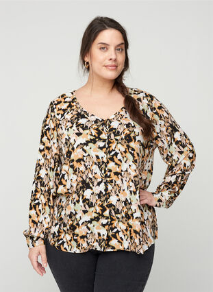 Printed viscose blouse with button fastening, Flower AOP, Model image number 0