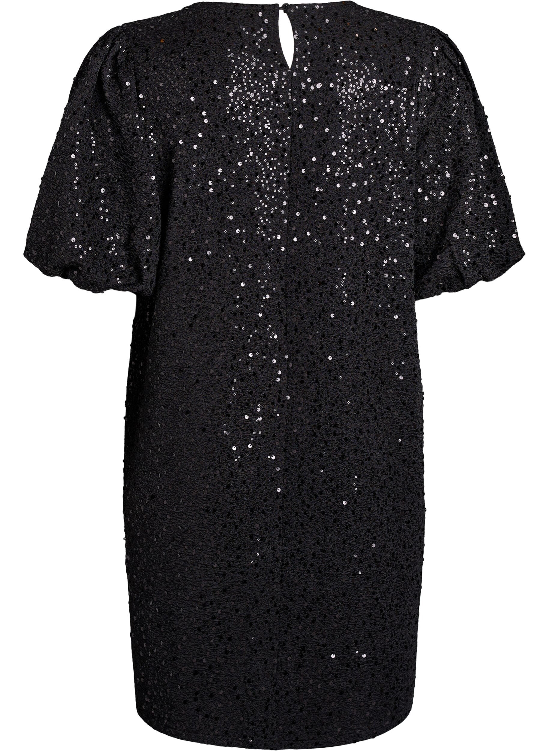 Zizzifashion Short sequin dress with puff sleeves, Black, Packshot image number 1