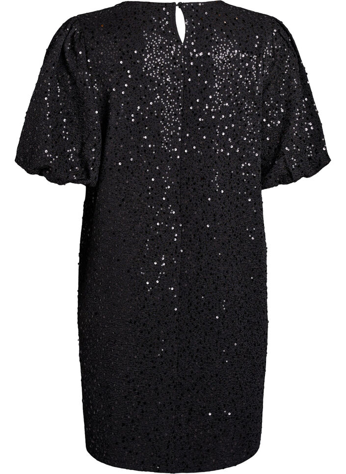 Short sequin dress with puff sleeves, Black, Packshot image number 1