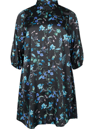 Shirtdress with 3/4 sleeves and floral print, Blue Flower AOP, Packshot image number 0