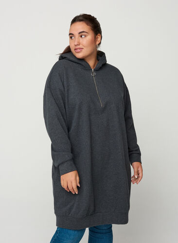 Sweater dress with a hood and zip, Dark Grey Melange, Model image number 0