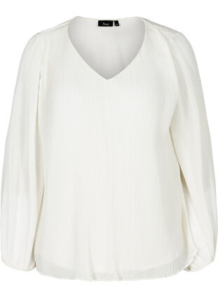 Long-sleeved pleated blouse with v-neck, Gardenia, Packshot image number 0