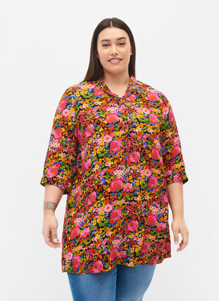 Floral viscose tunic with 3/4 sleeves, Neon Flower Print, Model image number 0