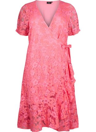 Wrap dress with lace and short sleeves, Pink Carnation, Packshot image number 0