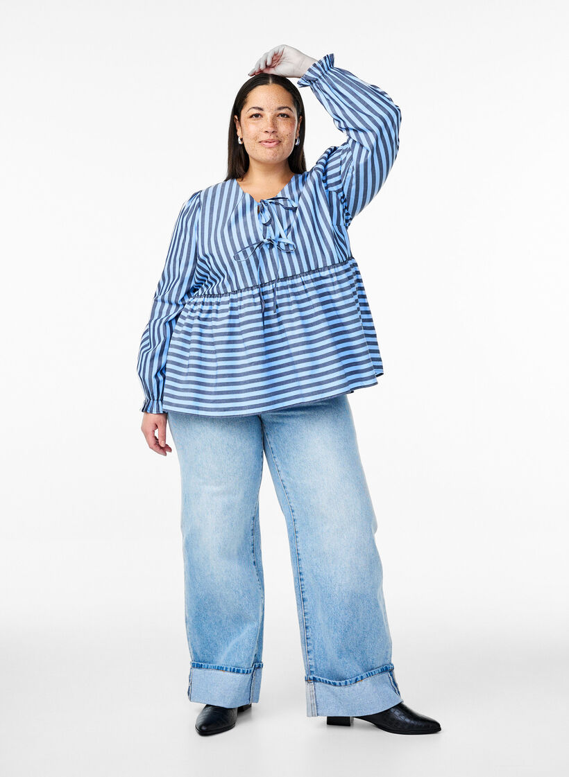 Blouse with stripes and bows, Blue, Model image number 1